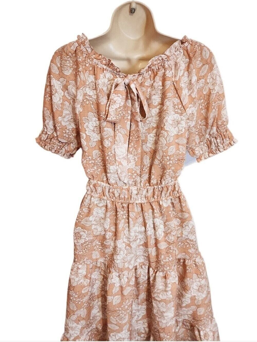 Blu Pepper Mini Dress Peach White Floral Puff Sleeve Medium - Picture 6 of 9